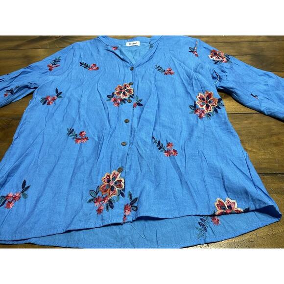Anthropologie Kindred 1X Blouse Blue Embroidered Boho Peasant - Picture 5 of 10
